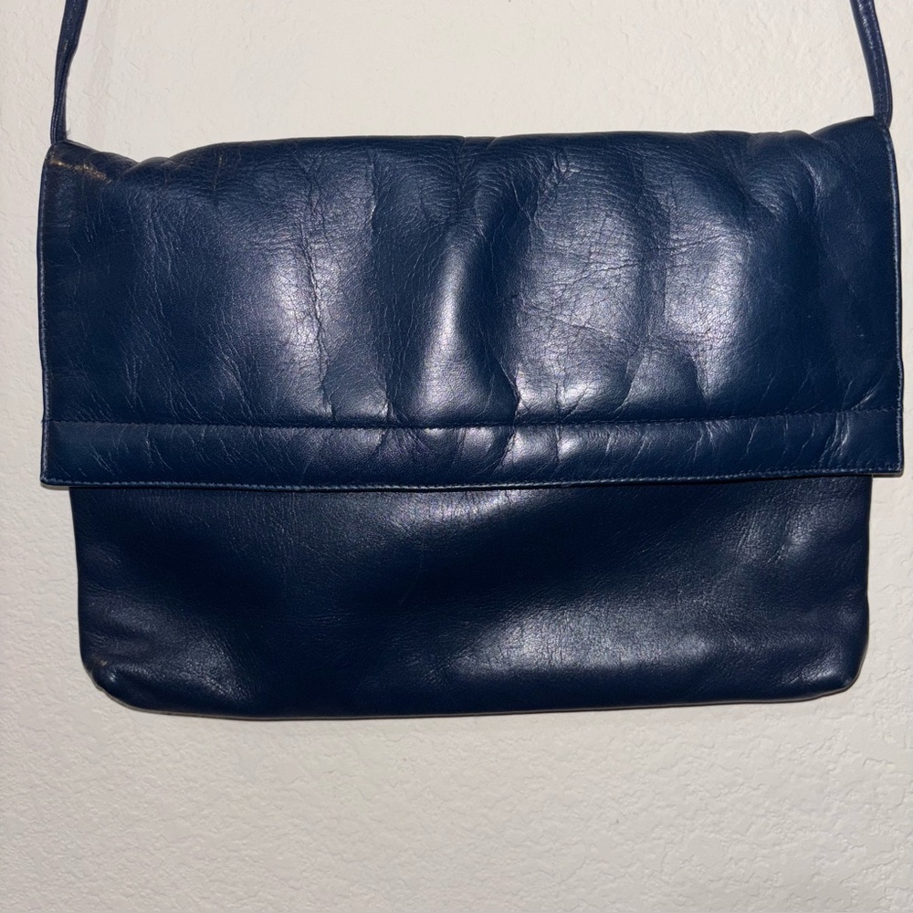 Blue Leather Handbag with Flap, Snap Closure and inner Zipper Pocket